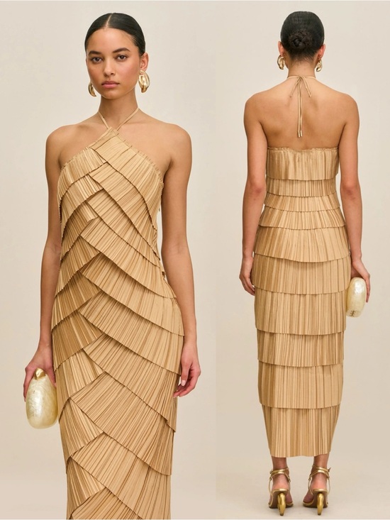 cult gaia Dresses & Skirts - Cult Gaia Patrizia Halter Tiered Pleated Midi Dress Tierra Gold